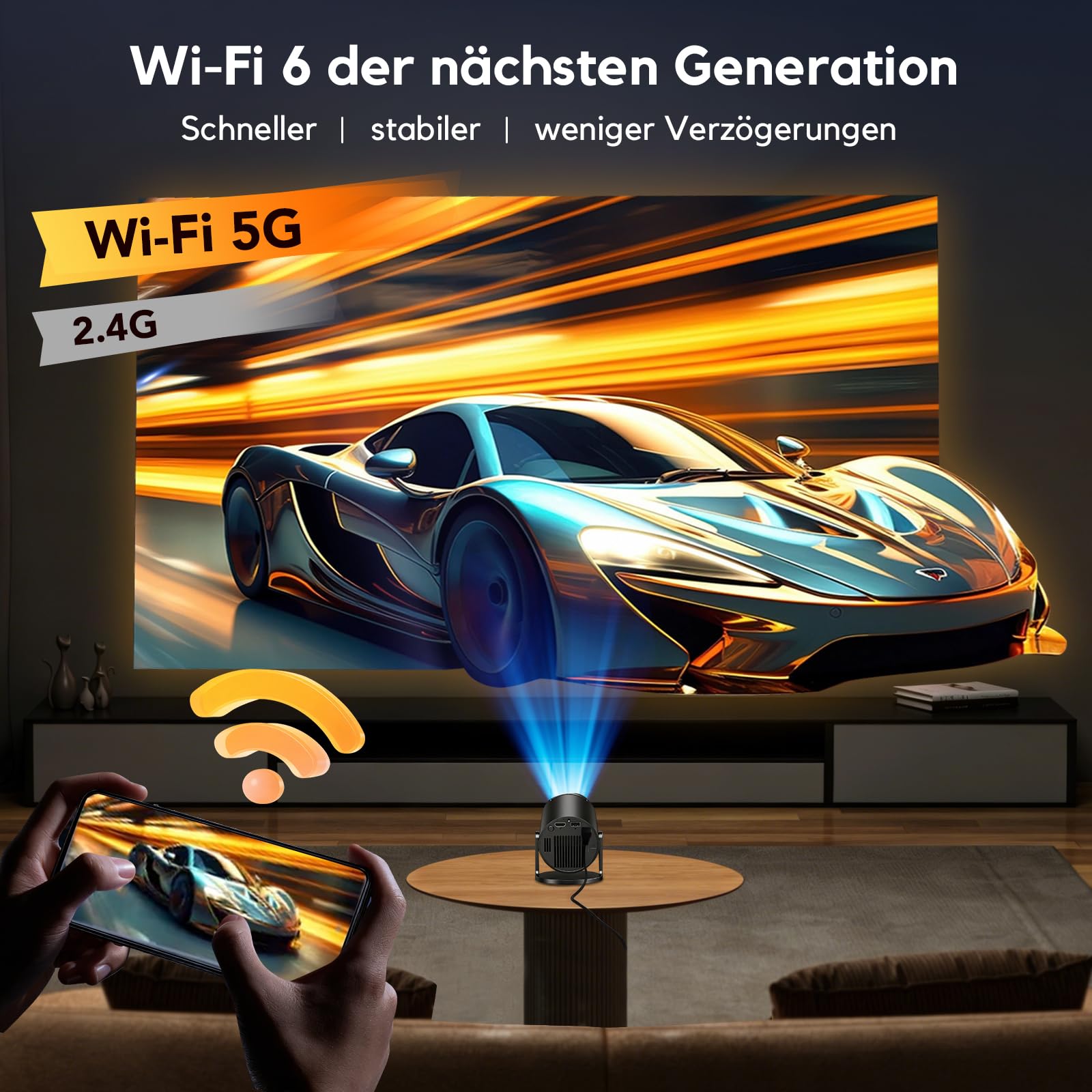 Smart Mini Beamer 1080P Unterstützt, Tragbarer Projektor AKIYO O2 mit WiFi 6 und Bluetooth 5.4, Beamer Klein mit 180° Drehbar und Auto Keystone, Kompatibel mit HDMI/Smartphone/USB/Laptop/PS5, Schwarz