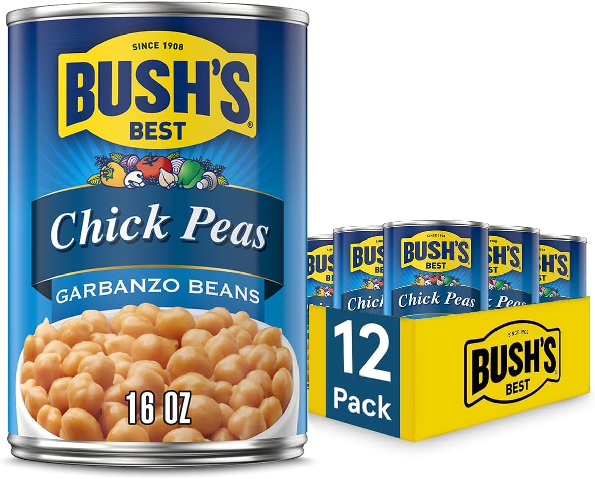 BUSH'S BEST 16 oz Canned Garbanzo Beans (Chickpeas), Source of Plant Based Protein and Fiber, Vegetarian, Low Fat, Gluten Free, (Pack of 12)