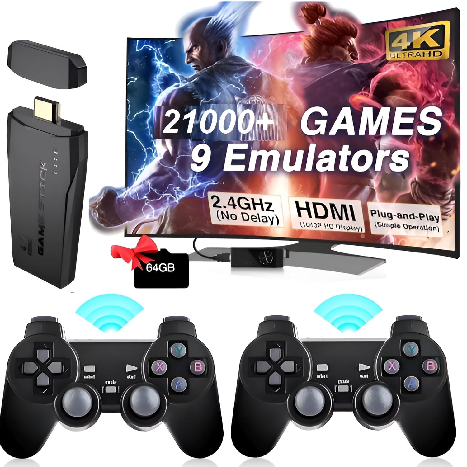 𝟏𝟓 𝐘𝐞𝐚𝐫 𝐖𝐚𝐫𝐫𝐚𝐧𝐭𝐲 4K Ultra HD TV Video Plug in Play Stick 2.4g Wireless Game Controller USB 64GB TF Built-in 21000+ Classic Games Stick 8 Bit Mini Retro Controller HDMI Output