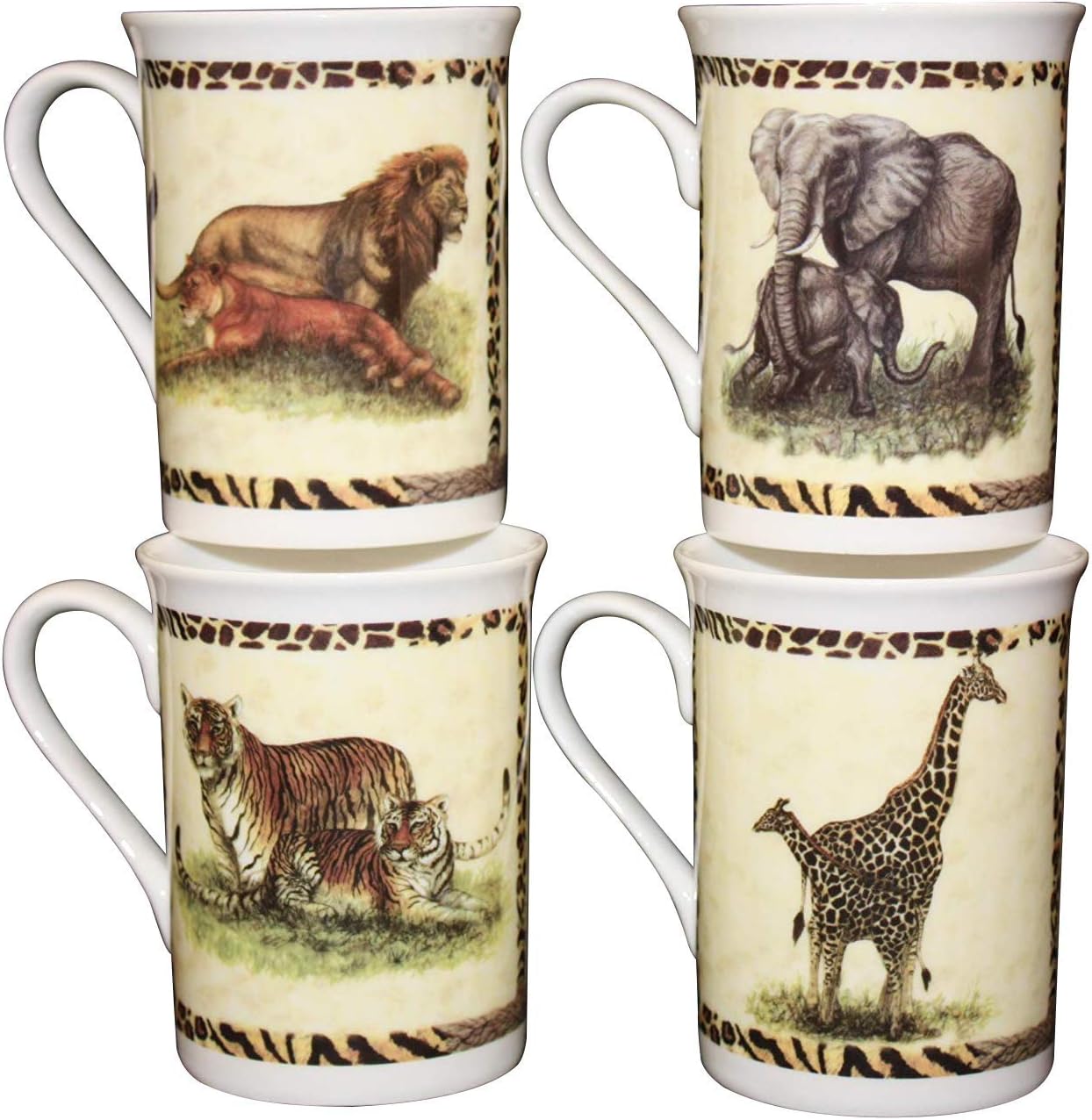 Set of 4 Individual FINE Bone China Wild Animals Lions Tigers Giraffes and Elephants Mugs Cups Gift Set