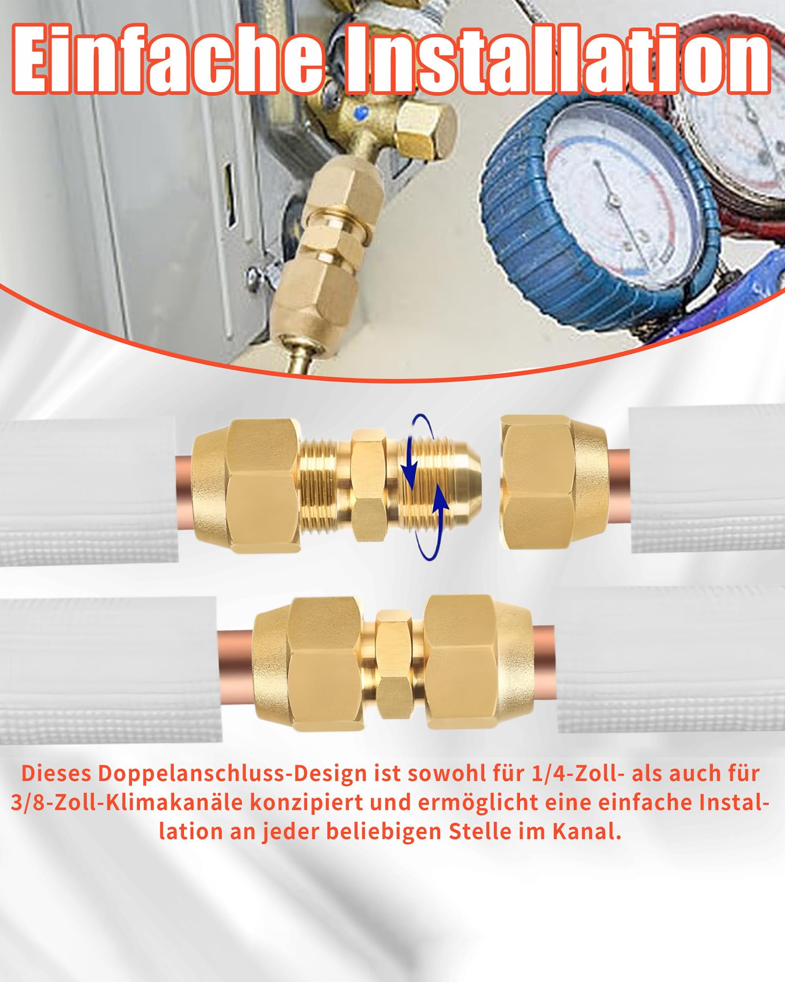 4 Stück Kältemittelleitung Kupferrohrverlängerung: 2x1/4 Zoll und 2x3/8 Zoll Klima Doppelnippel für Kupferrohre mit Überwurfmutter Schweißfreie Installation zur Klimaanlagen Rohranschluss