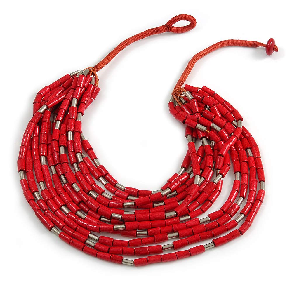 Collana Lunga Multifilo Avalaya Statement In Legno E Cotone - Rosso - 3