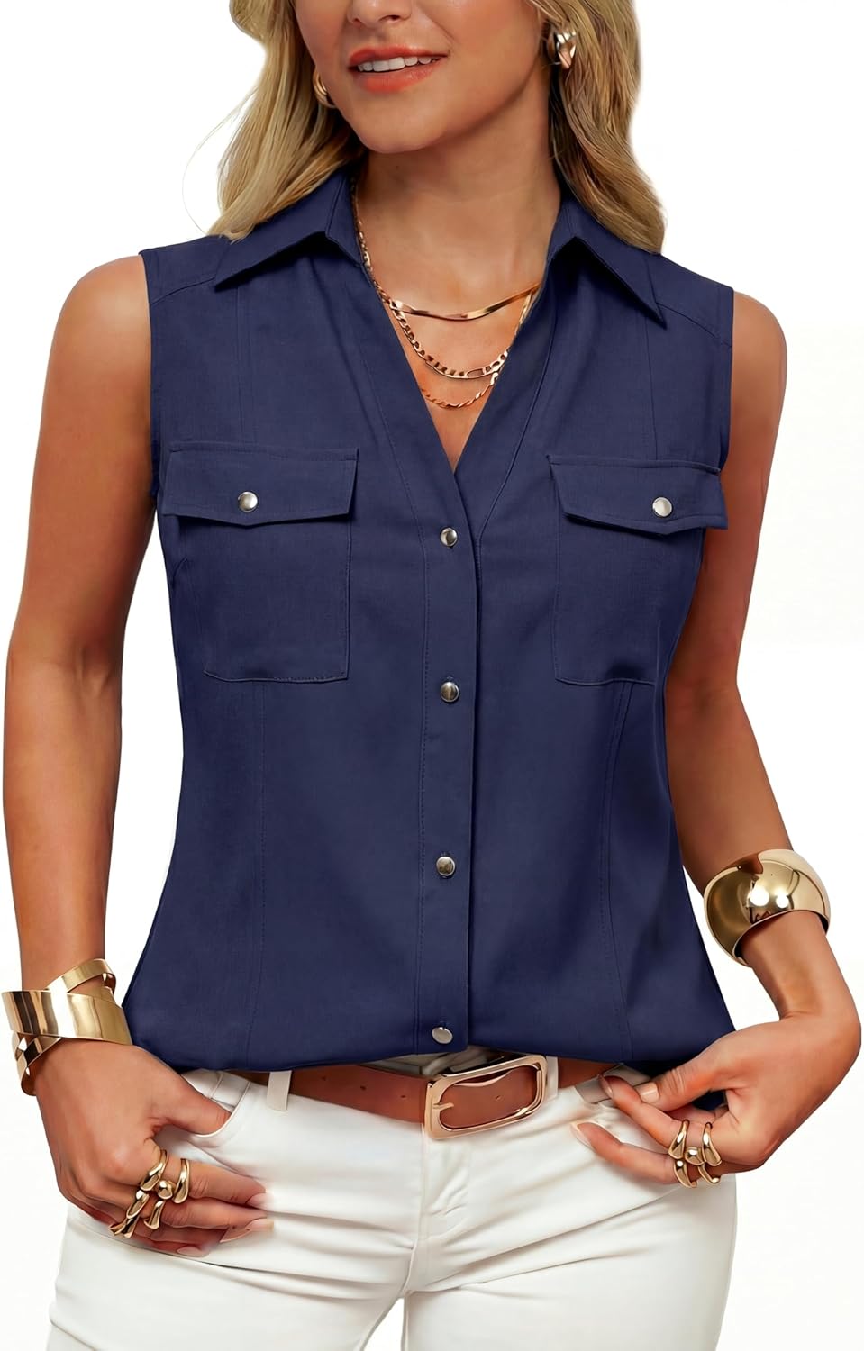 GRACE KARIN Women Sleeveless Button Down Shirts, Summer Solid Dressy Casual Blouse, V Neck Tank Top Business Work 2026 Trendy
