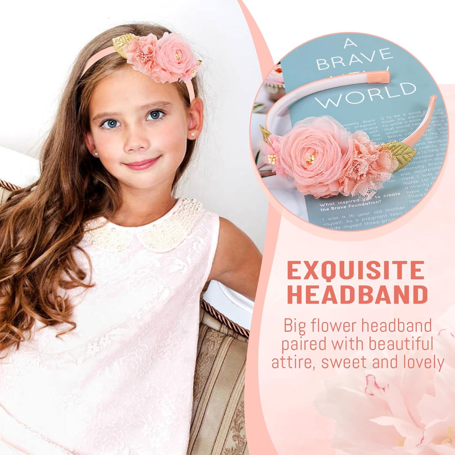 5 Pieces Pink Ivory Chiffon Flower Plasitc Headbands Floral Hair Bands Hoops Accessories - Image 4