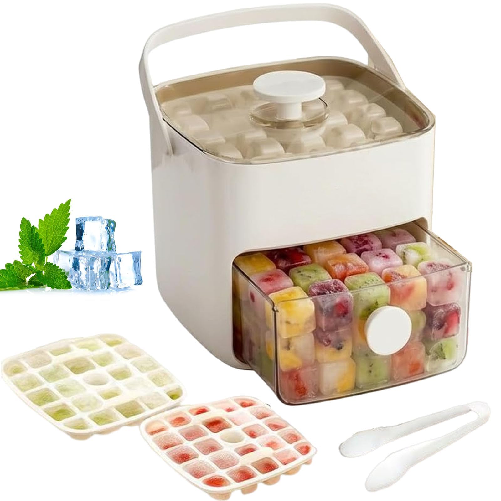 48 Cube Ice Maker with Easy Press Lid, Double Layer Portable Ice Cube Container with Lid and Storage Box for Freezer, Handled Press-Type Ice Cube Tray with Lid and Bin for Whiskey, Cocktail (White)