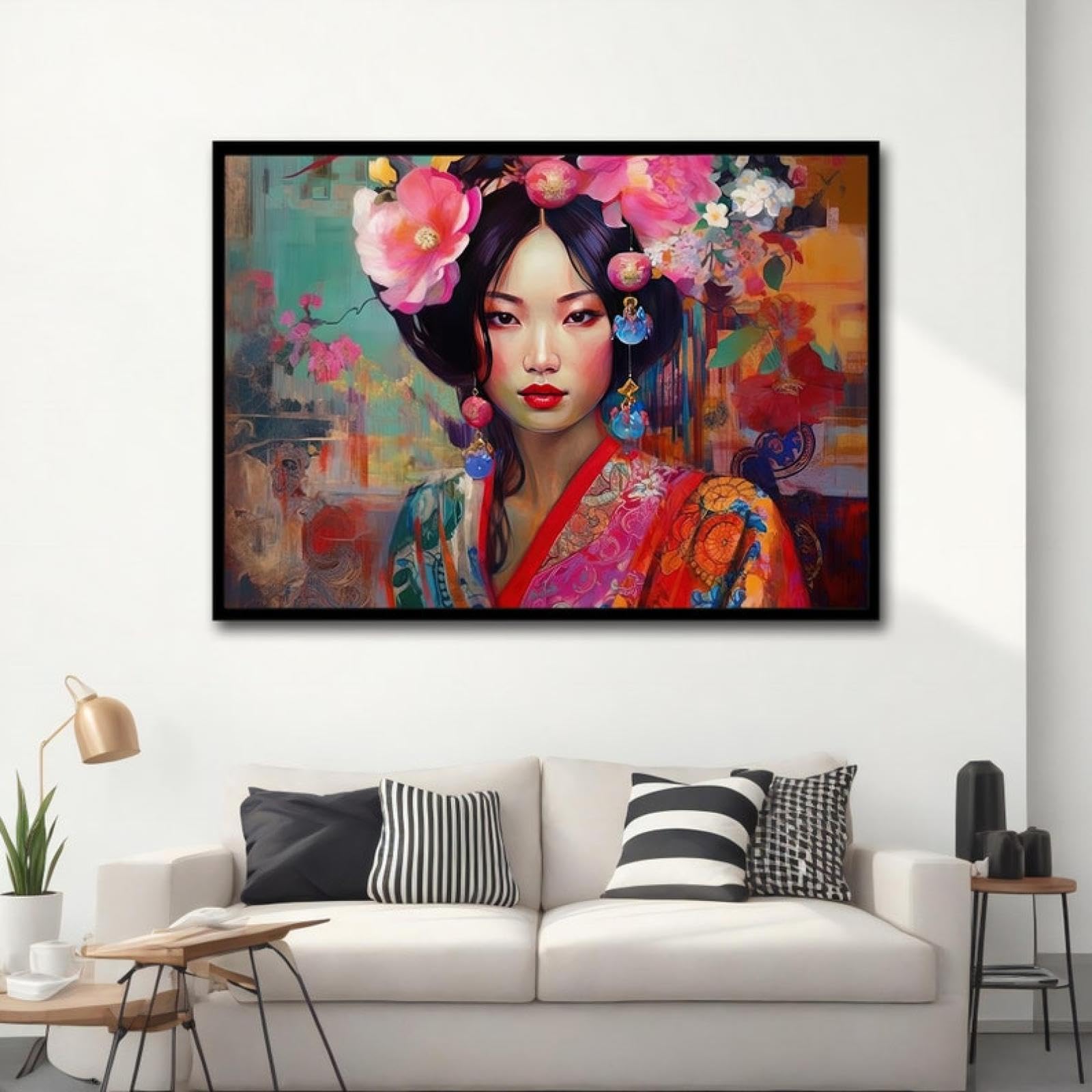 TONGYINLI Azjatyckie kobiety obrazy na płótnie gejsza dekoracyjna fototapeta japońska kobieta gejsza plakat do salonu obraz dekoracyjny do domu rama 80 x 120 cm