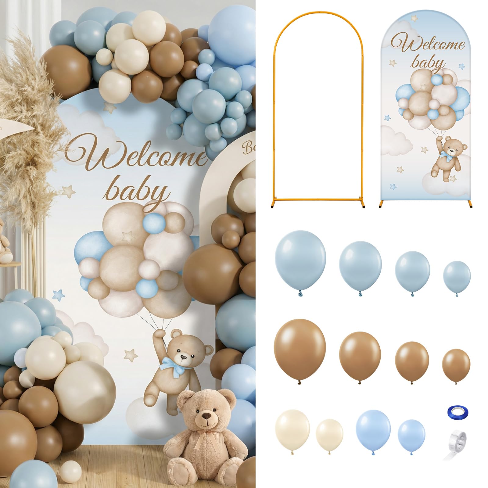 Motionchic 148 Pcs Bear Baby Shower Decorations Balloon Metal Arch Backdrop Stand and Cover Set Decor Dusty Blue and Brown Balloon Arch Kits Bear Baby Shower Gender Reveal Birthday Party Decorations
