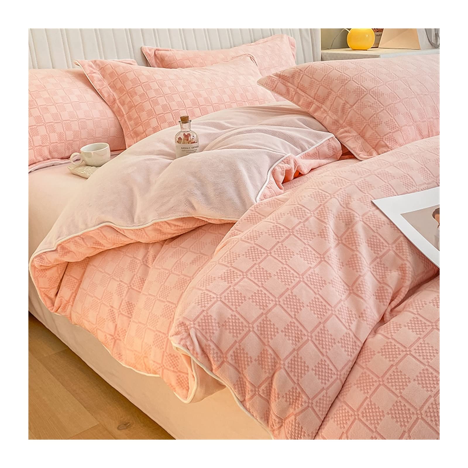 Housse de couette velours lit double - Parure flanelle corail chaude hiver 4 pièces