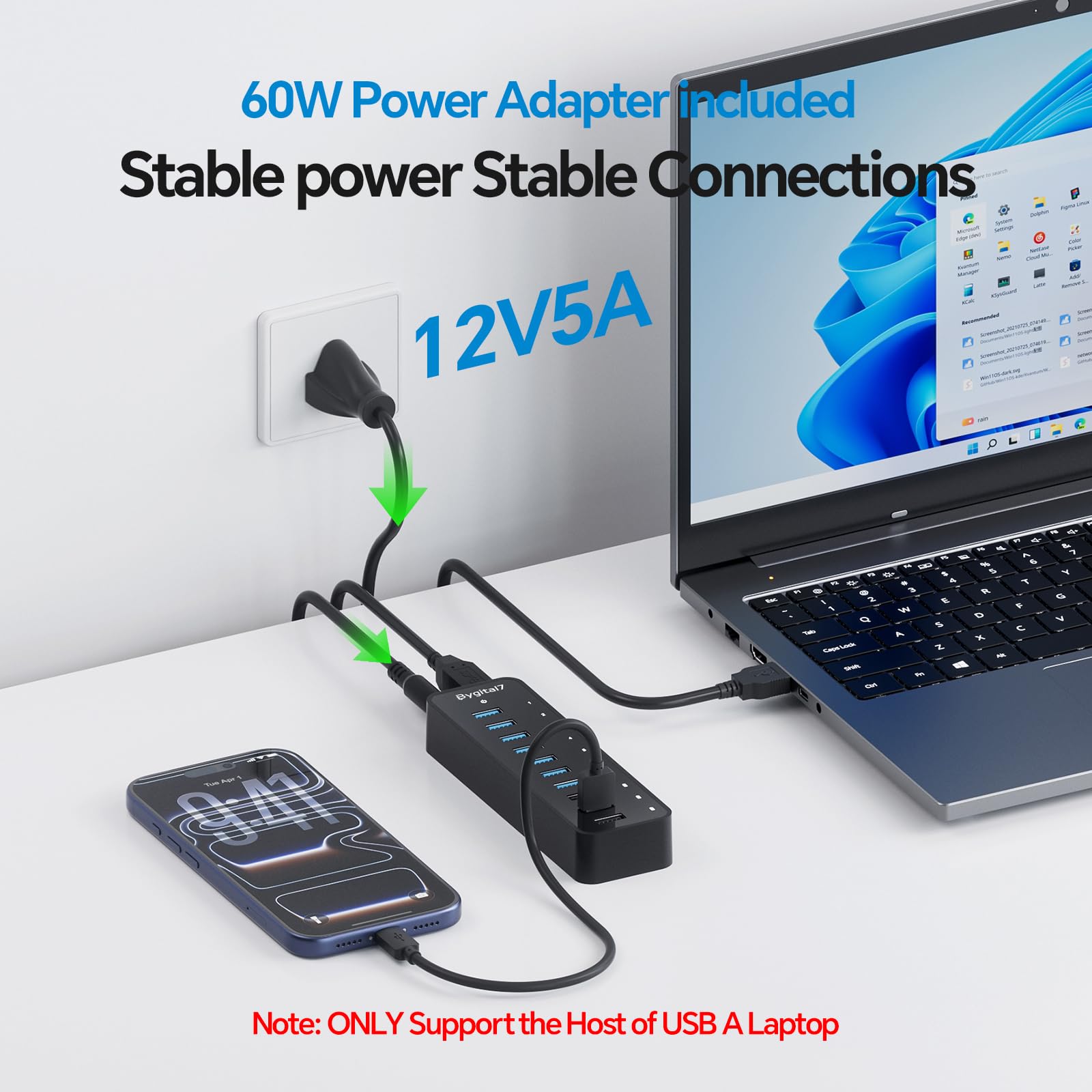 Hub USB 3.0, hub USB 10 ports avec 7 ports USB-3.0 et 3 ports BC1.2, hub de données multi-USB 60 W compatible avec iMac, MacBook, ordinateurs portables, tous les appareils USB, mobiles et HDD