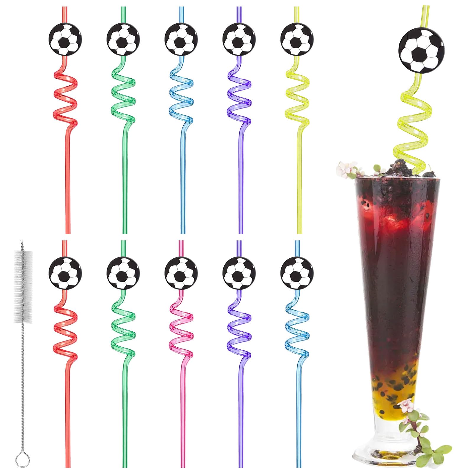 10 Pieces Reusable Drinking Straws with Cleaning Brush World Cup Colorful Curly Straw Plastic Novelty Football Straws Party Straws for Cocktail Smoothies Coffee Juice Tea Milkshakes Hot Drink