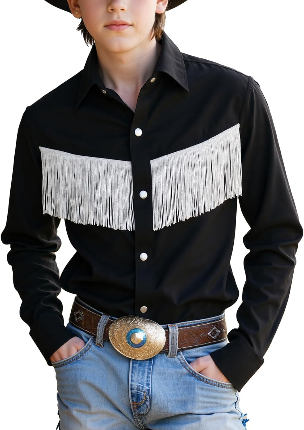 Spring&Gege Western Boys' Button-Down Shirts Long Sleeve, Pearl Snap Shirt with Fringe (5-14 Years)