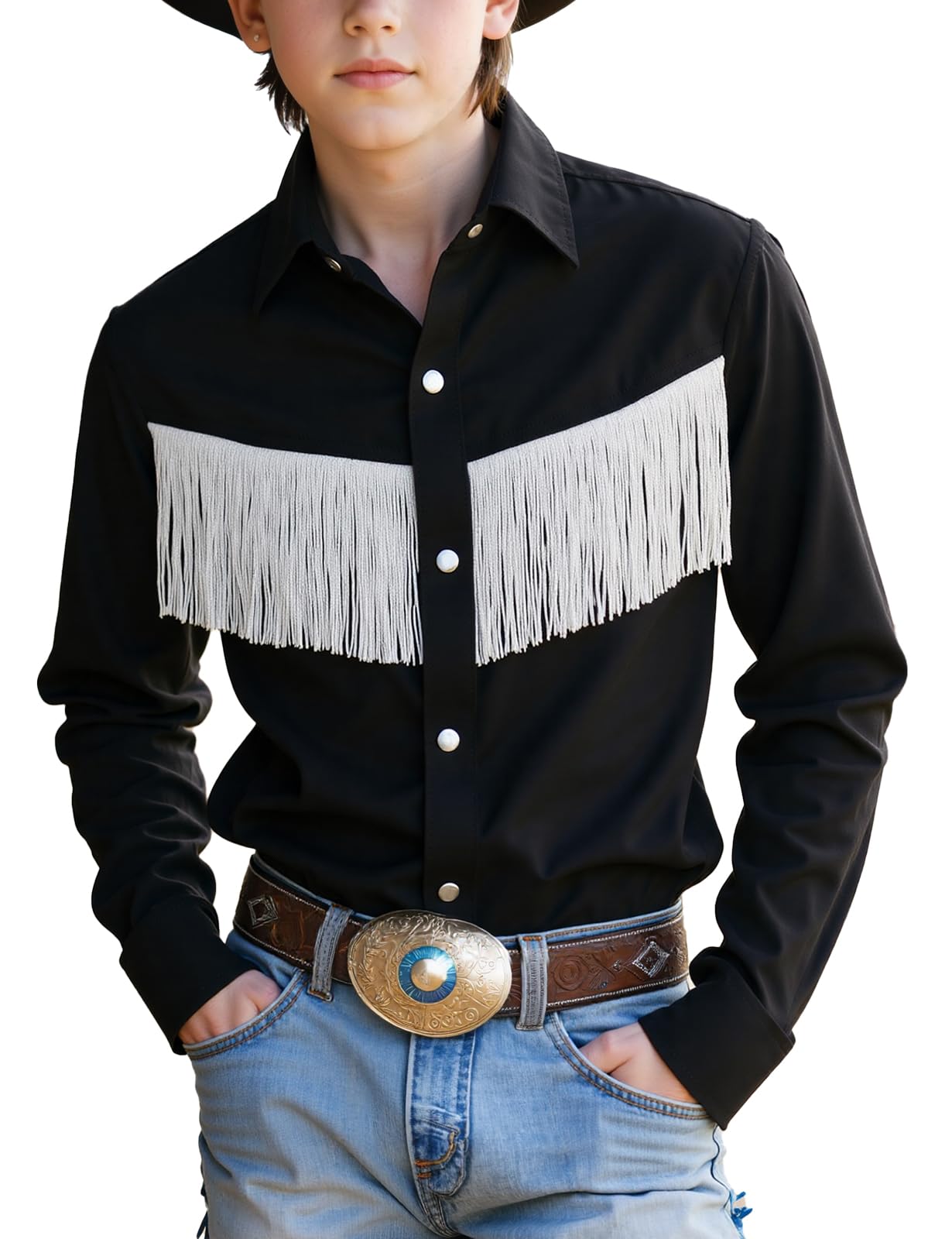Spring&amp;Gege Western Boys' Button-Down Shirts Long Sleeve, Pearl Snap Shirt with Fringe (5-14 Years)