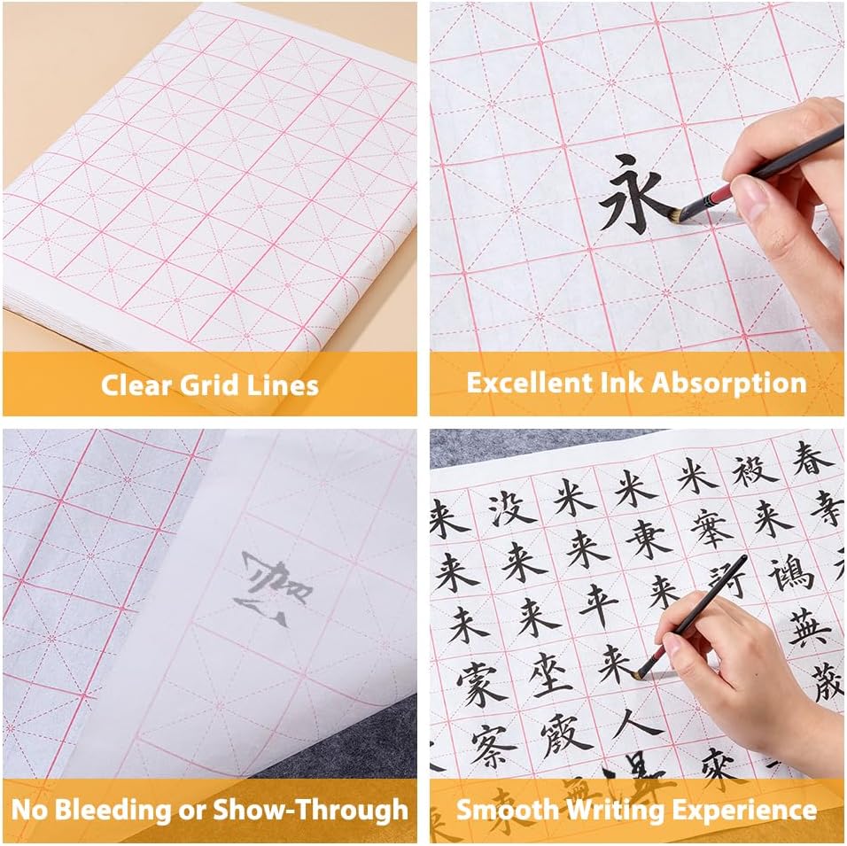 SUPERFINDINGS 100Pcs Chinese Calligraphy Xuan Paper 66.3x33.9cm Rice Paper with 7.5cm Grid Writing Sumi Paper for Chinese Brush Writing, Kanji & Japanese Shodo, Ideal for Students and Beginners