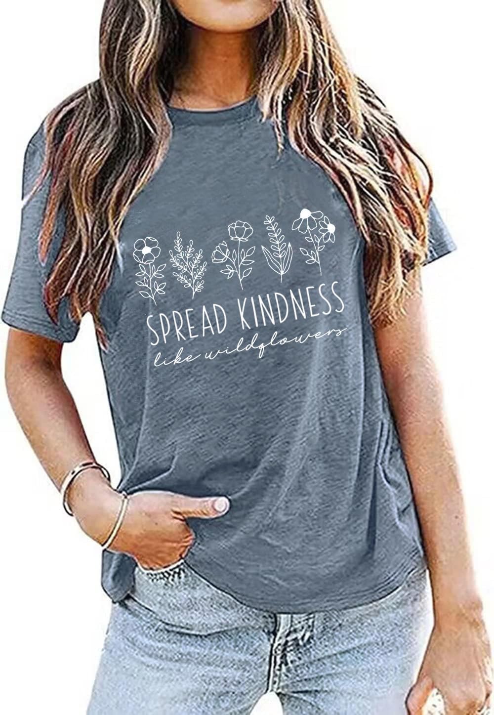 Spread Kindness Like Wildflower T-Shirt Women Casual Inspirational Teacher Be Kind Shirt Plant Lover Tee Tops - Image 2