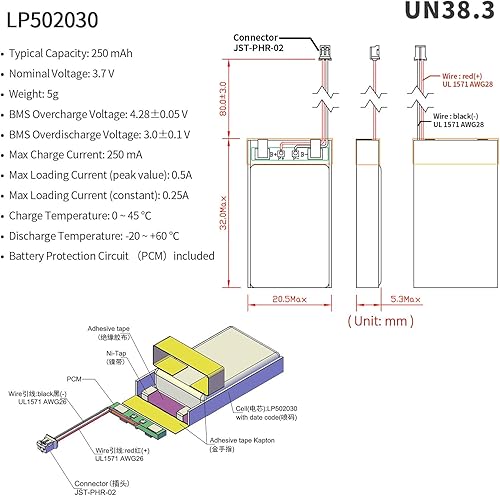 Miniatura 2 de EEMB Batería de polímero de litio 3.7V 250mAh 502030 Lipo Batería recargable con cable JST 0.079 in Conector para VXI Blue Parrott- Confirma la