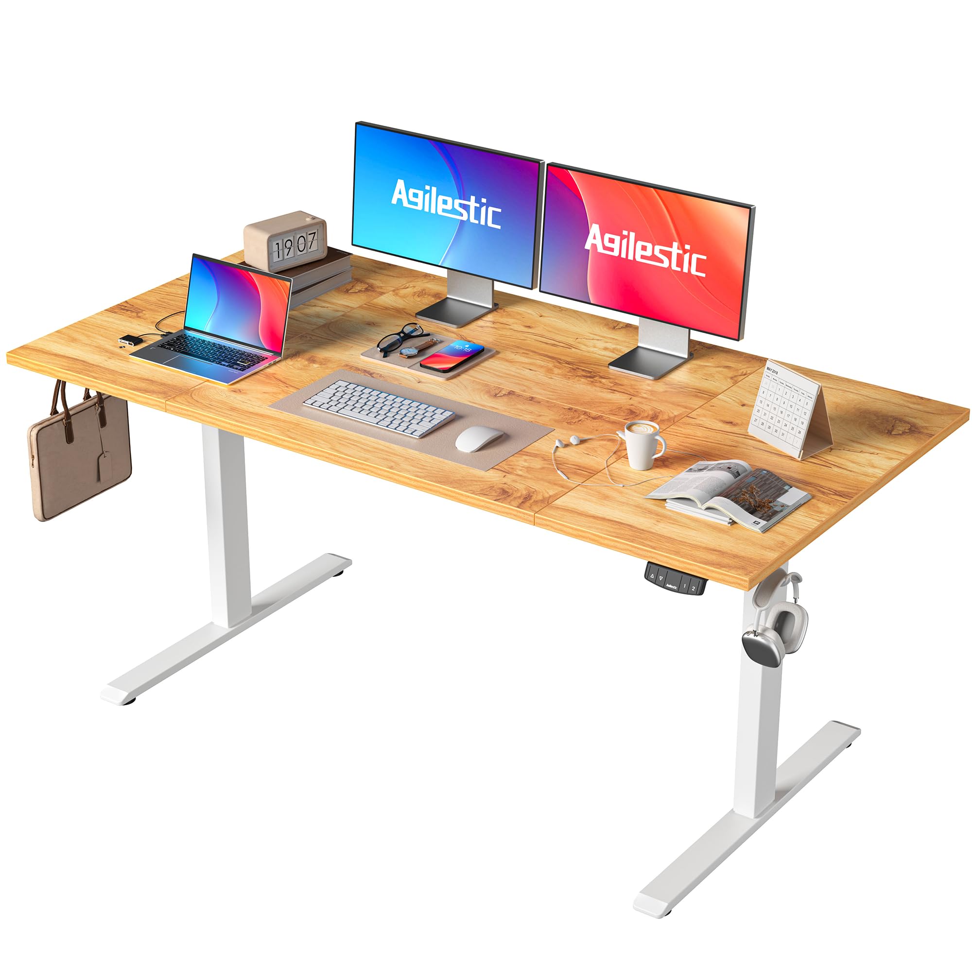 Agilestic Height-Adjustable Electric Desk, 160x80 cm Sit-Stand Office Desk, Computer Desk with Memory Function, Standing Desk, Gaming Desk, Light Brown