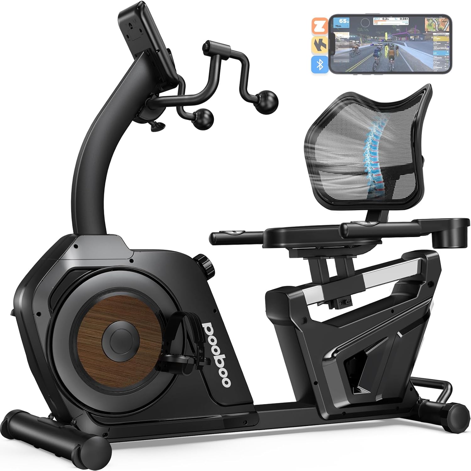 pooboo Recumbent Exercise Bike, Stationary Bikes for Home with Arm Exerciser, Magnetic Recumbent Bike with Ergonomic Backrest & Comfortable Seat, Smart APP, Pulse Sensor, 400LBS Weight Capacity