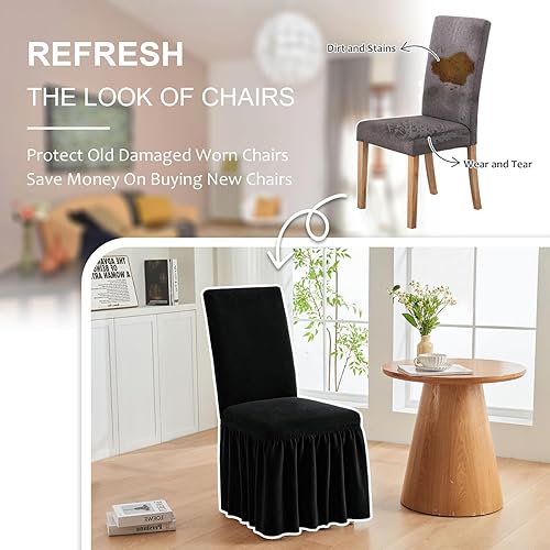 Miniatura 5 de NICEEC Juego de 6 fundas de felpa para sillas de comedor, fundas extraíbles negras gruesas para sillas de comedor con falda, fundas cálidas para