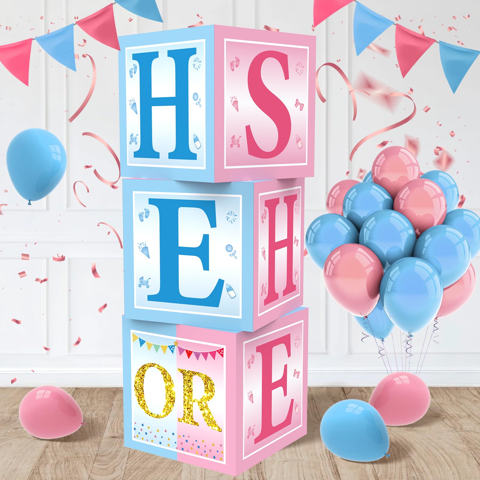 3pcs Gender Reveal Decorations Baby Boxes, Blue Pink He or She Gender Reveal Theme Boxes Party Supplies, Blue Blush Pregnancy Announcement Cardboard