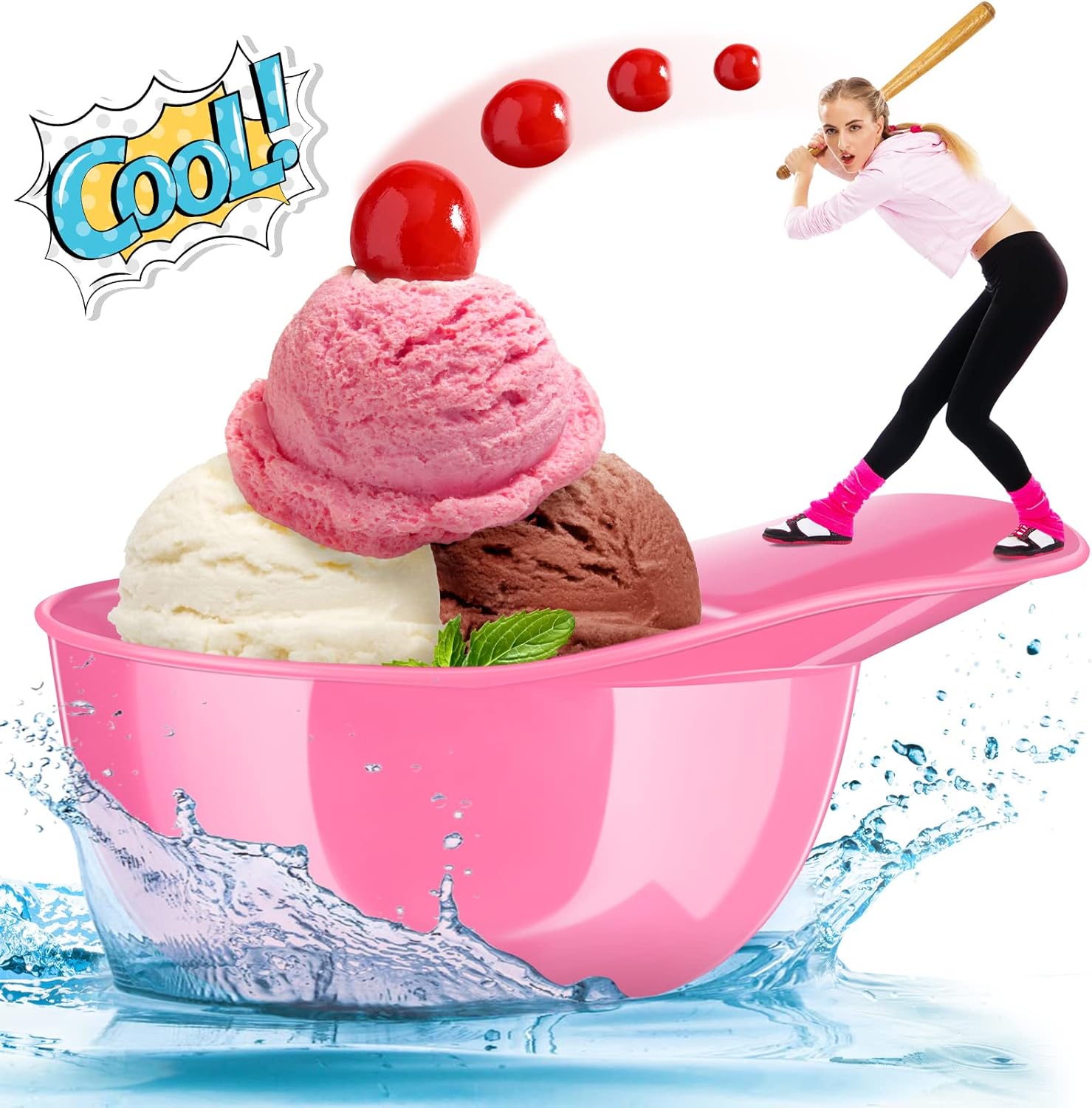 Suclain 24 Count Baseball Helmet Snack Ice Cream Bowl 24 Pcs Disposable Taster Spoons 8 oz Mini Sundae Bowls Dessert Plastic Spoons for Party Supplies(Pink, Sky Blue)