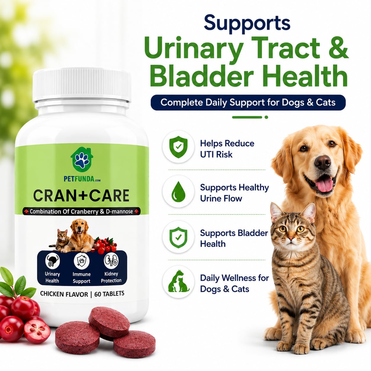Petfunda Cranberry & D-Mannose Urinary Supplement for Dogs & Cats - 60 Chewable Tablets - Dog UTI & Cat Urinary Tract Support - Bladder & Kidney Health - Chicken Flavour, Puppies, Kittens, All Breeds 2