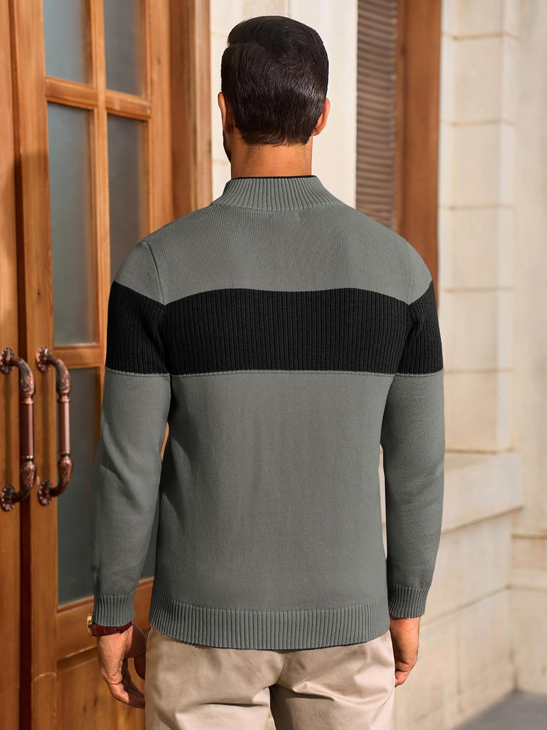 Runcati Mens Full Zip Cardigan Sweater Casual Knit Stand Collar Cardigan Slim Fit Color Block Fall Winter Sweaters - Image 4