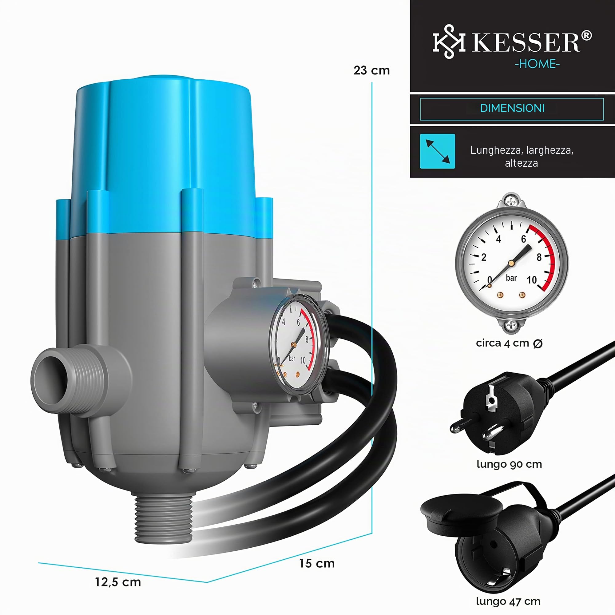 KESSER® Comando per pompa con indicatore di pressione (bar) e cavo Pressostato da 10 bar elettrico L'interruttore di pressione - accensione e spegnimento automatici, con cavo