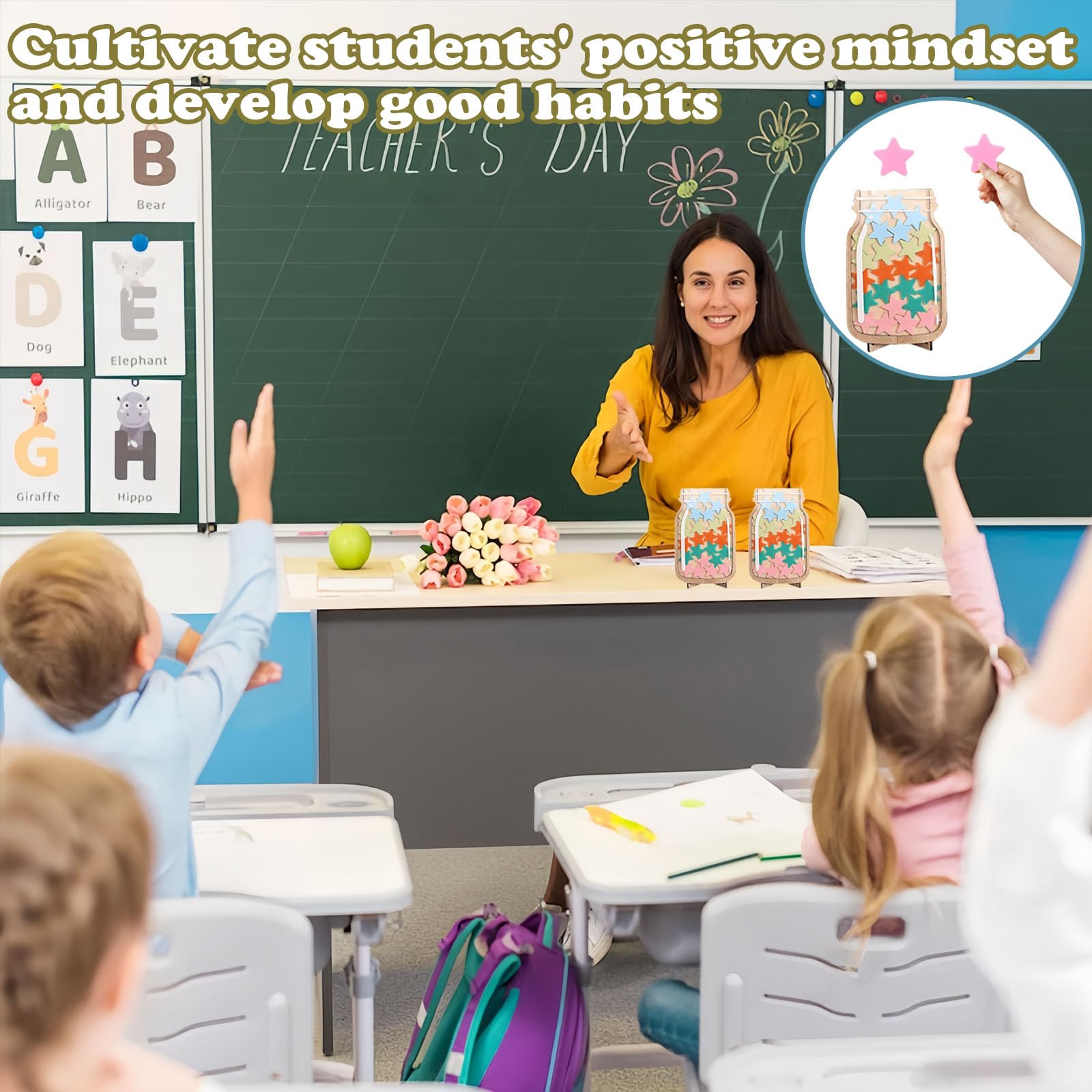 Barattolo Premio per Bambini in Legno con 25 Stelle Colorate 2.8 cm e Supporto Magnetico – Contenitore educativo per Buone abitudini casa e Scuola