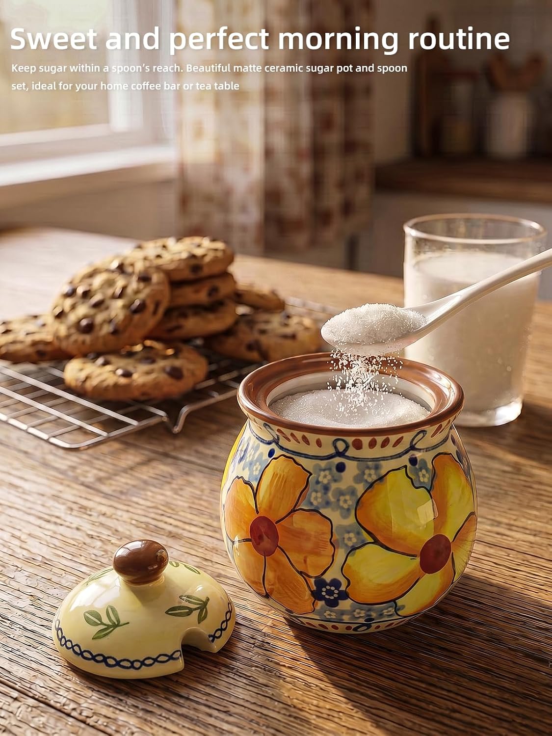 Handmade Ceramic Sugar Bowl, 8 oz Sugar Jar with Spoon (Floral Yellow)