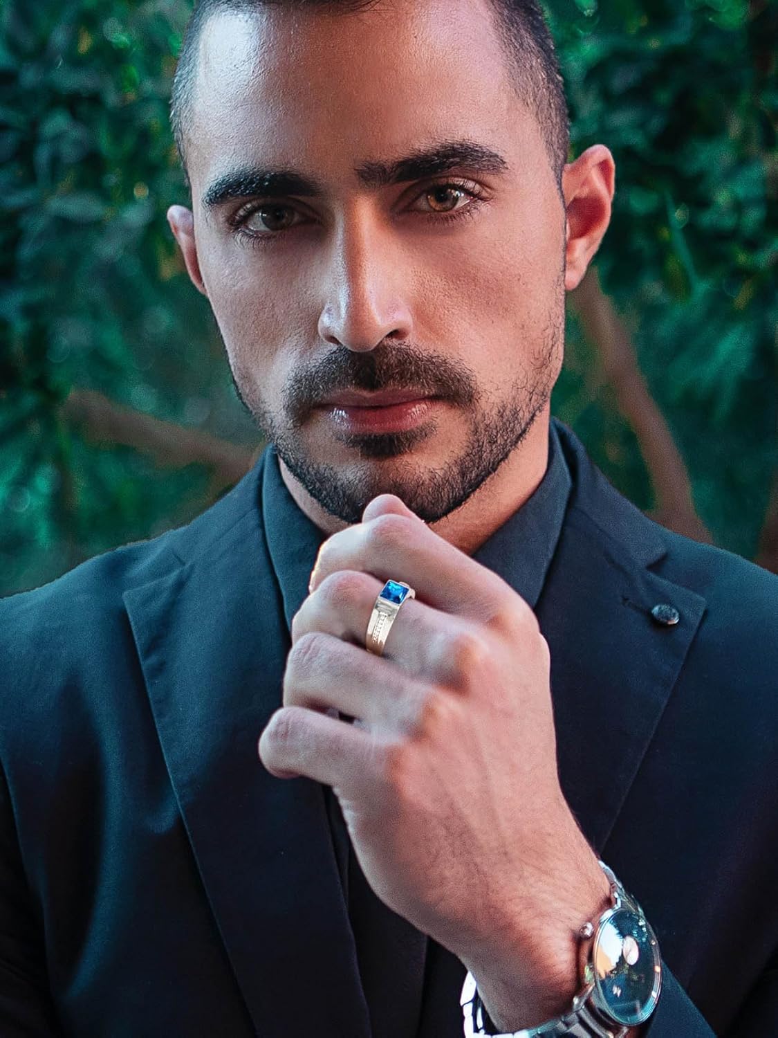 GoldChic Jewelry Silver Signet Rings Crystal Ring for Women Men, Personalized Stainless Steel Pinky Ring with Blue Topaz Black Onxy Birthstone Statement Ring - Image 8