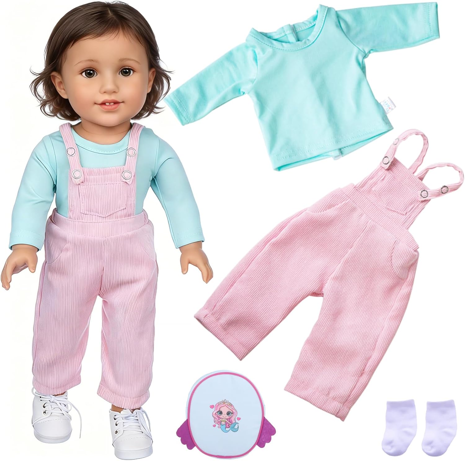 18 Inch Doll Clothes and Accessories, 4 Pcs 18 inch Girl American Doll Clothes Set Include Long Sleeves Pink Overalls Socks and Mermaid Backpack Birthday for Girls (No Doll)