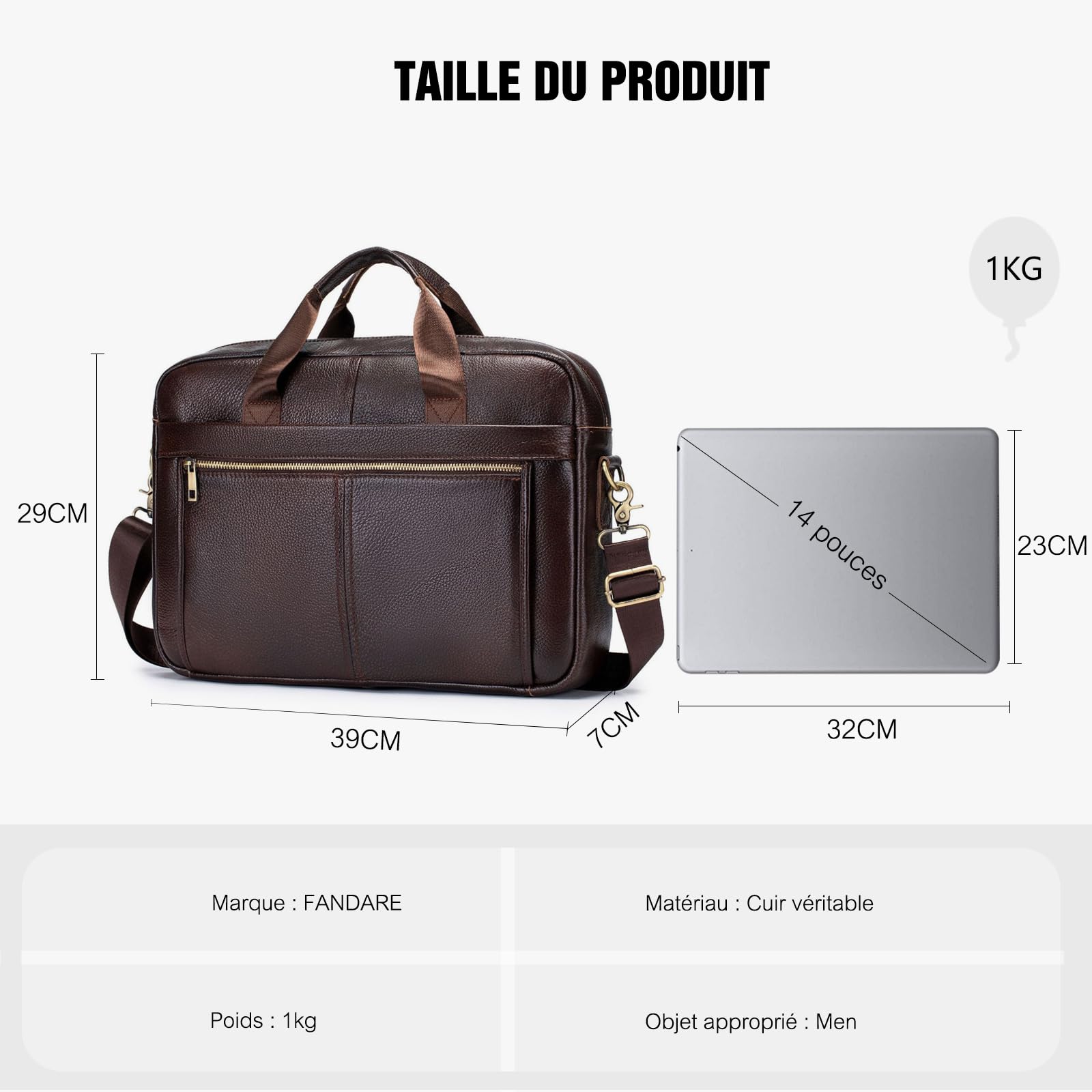 FANDARE 14 Pouces Sacoche Ordinateur Portable, Sacoche de Protection Imperméable Cuir Sac à Bandoulière Homme Mallette Valise Messager Porté en Main Sacs Professionnel Porte-Documents Business Voyage
