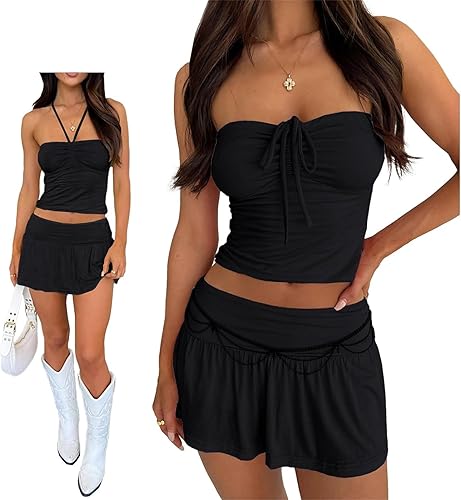 Women Sexy Summer 2 Piece Sets Drawstring Ruched Crop Tube Top Low Rise Ruffle M
