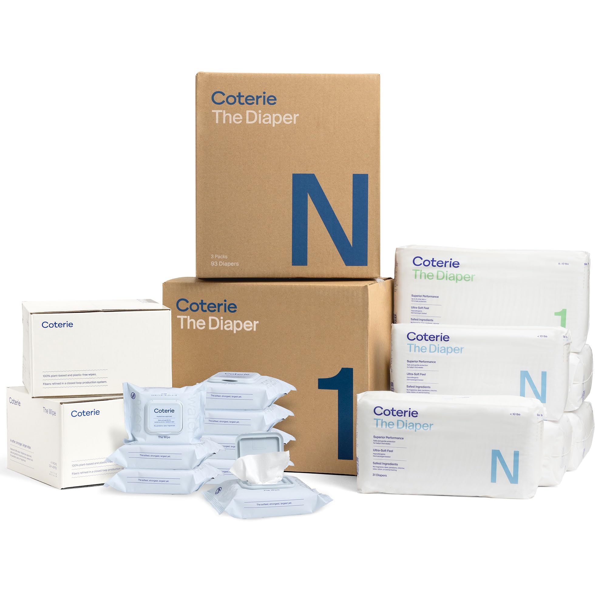 Coterie Baby Diapers + Wipes Kit, Size 1 (99 Count) Size Newborn (93 Count) 8 Travel Wipe Packs (144 Count) Made with Plant-Based Fibers, Hypoallergenic, Designed for Sensitive Skin, Clean Ingredients
