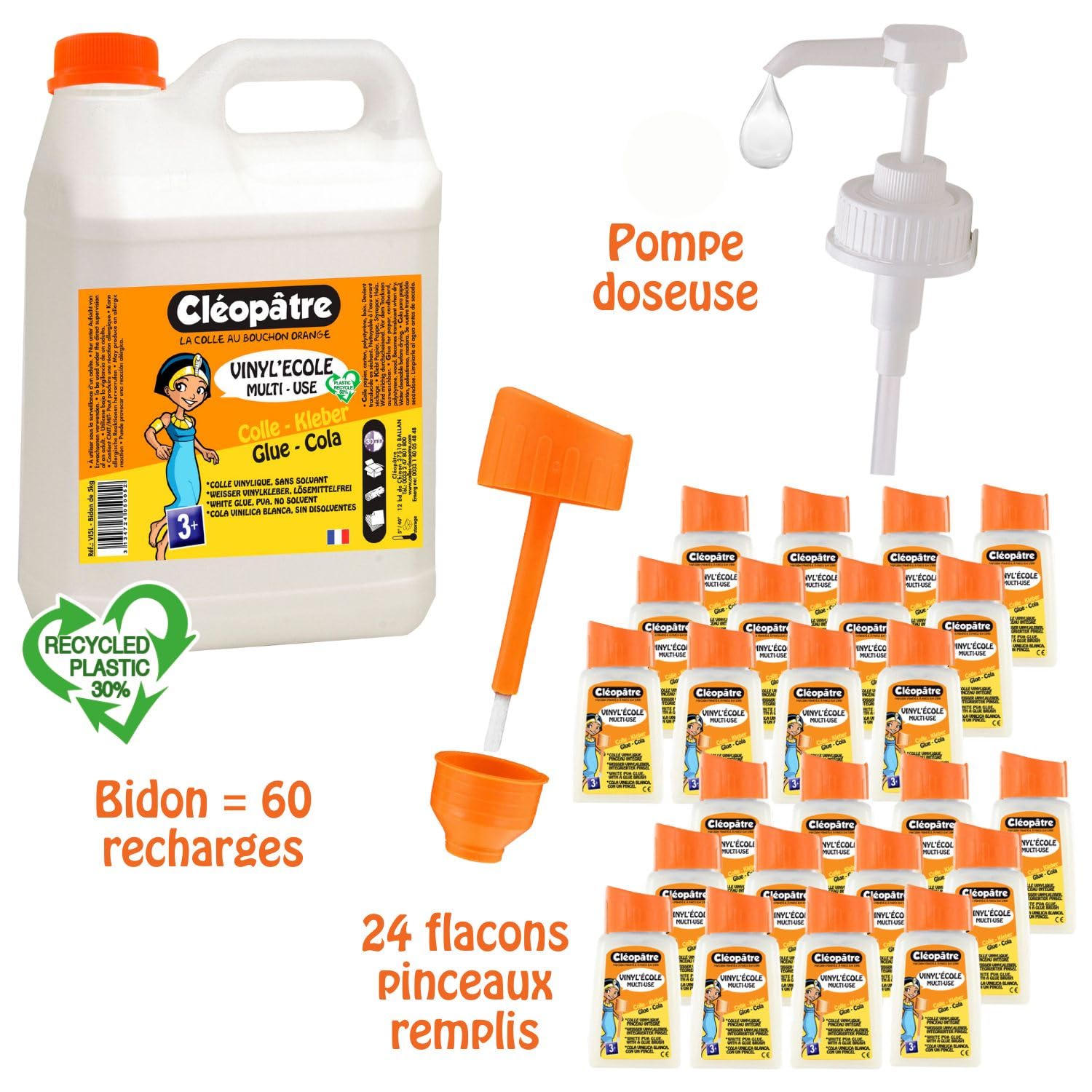 CLEOPATRE – Schoolpack Colle Blanche Vinylique – 24 P’tits Pot avec Pinceau Intégré 80g + Recharge 5kg avec Pompe Doseuse – Pack Année de Colle