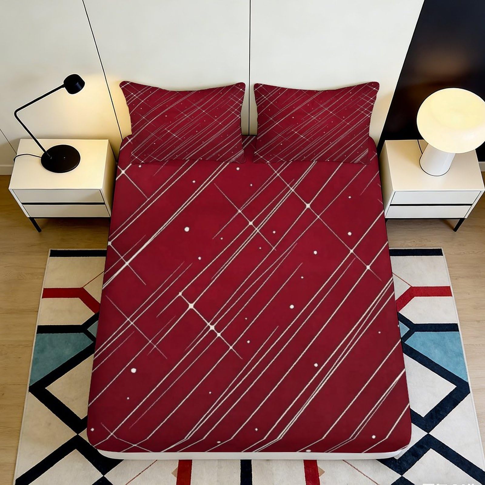 3D Printed Burgundy Geometric Lines Fitted Sheet Microfiber Soft Modern Dots Mattress Cover for Bedroom Dorm Decoration 90x200x25cm
