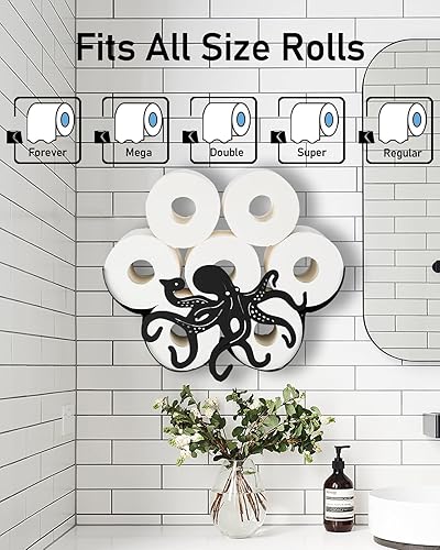 Miniatura 5 de Estante para papel higiénico de pulpo, organizador y almacenamiento de papel higiénico decorativo negro mate para 8 rollos adicionales, divertidos