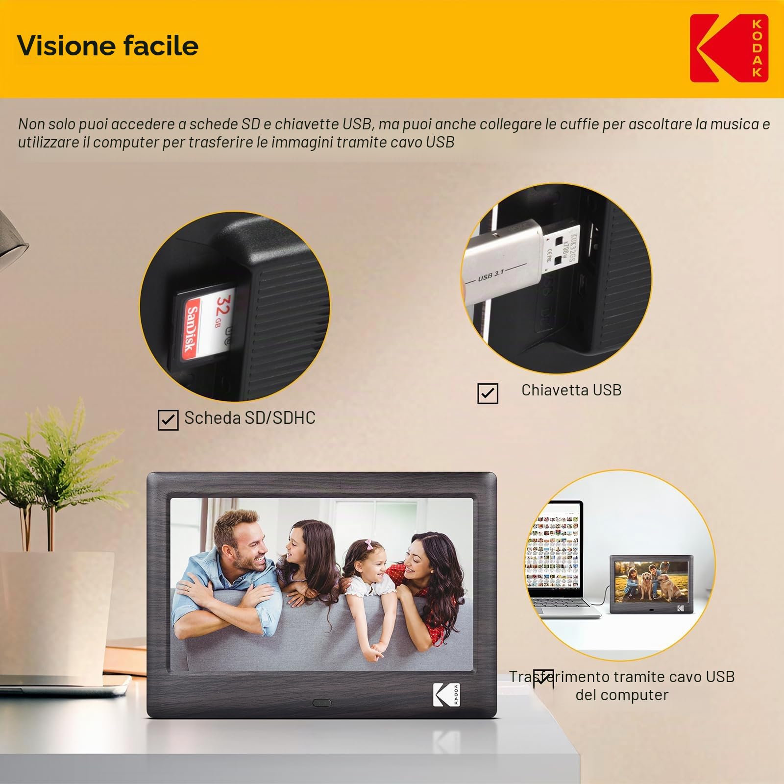 KODAK Cornice digitale da 7 pollici, cornice elettronica, schermo IPS, foto/musica/lettore video, calendario/allarme, supporto USB o scheda SD, rotazione automatica, con telecomando