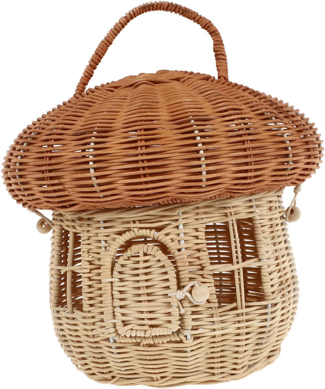 シー手編みラタン製キノコ型収納バスケット 素敵な卓上装飾 小物入れ 持ち運び可能 写真小道具としても使えるデザイン