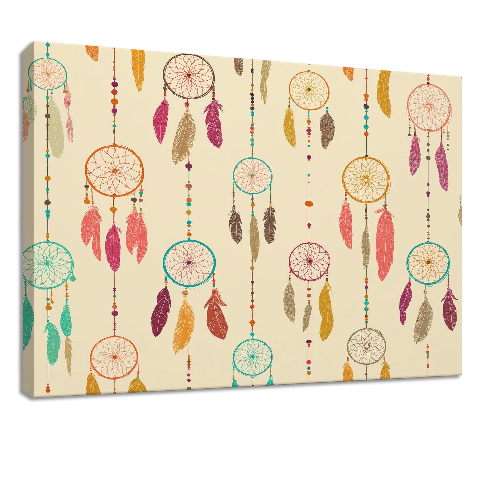 Leinwandbild 90 x 60 cm Wandbild Böhmisch - Bild auf Leinwand mit Braun Traumfänger Federn, Wanddeko für Wohnzimmer, Schlafzimmer, Büro Deko Zimmer