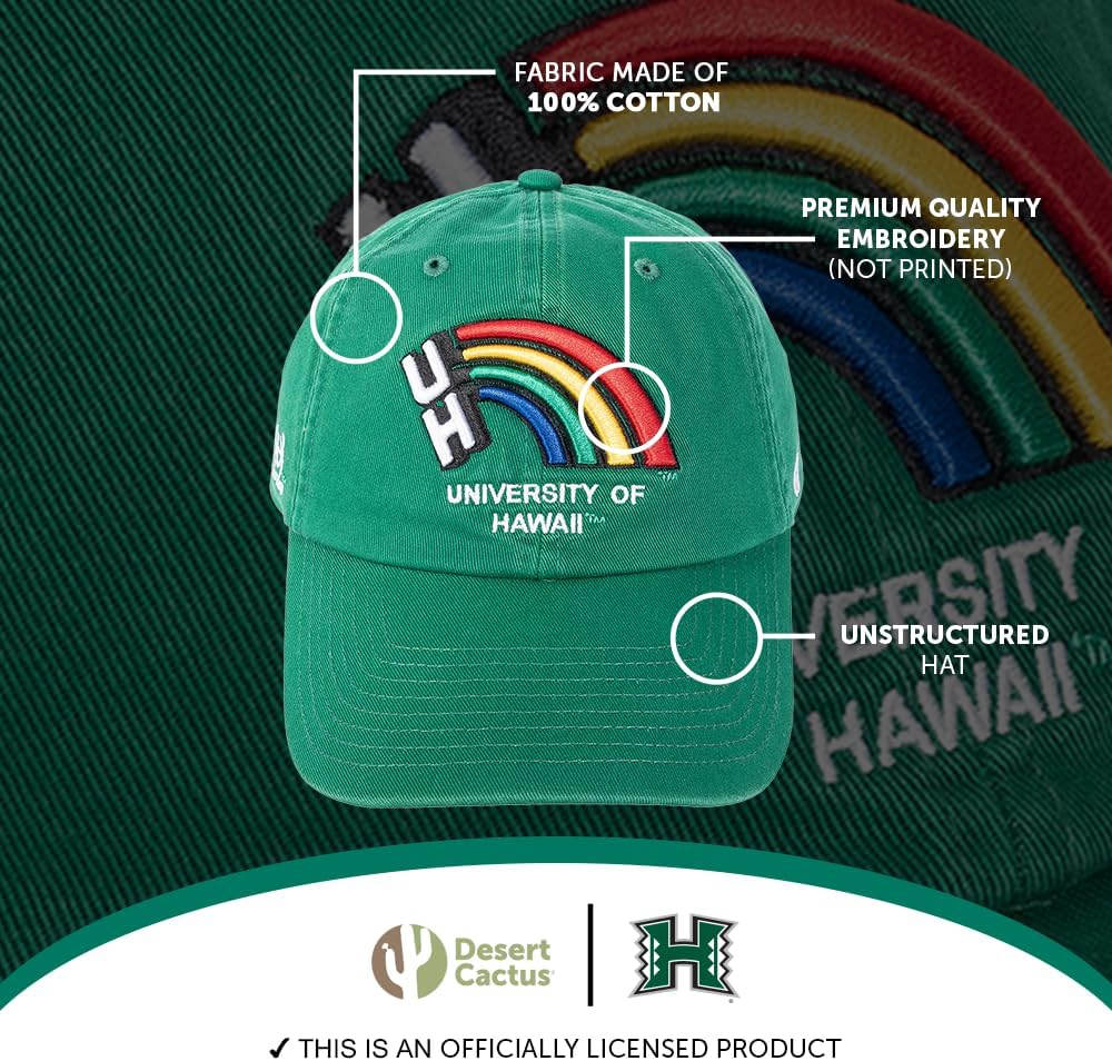 Desert Cactus University of Hawaii Baseball Hat Rainbow Warriors UH Brimmed Embroidered Hats Cap Adjustable Cloth Strap Adult (Style 3)