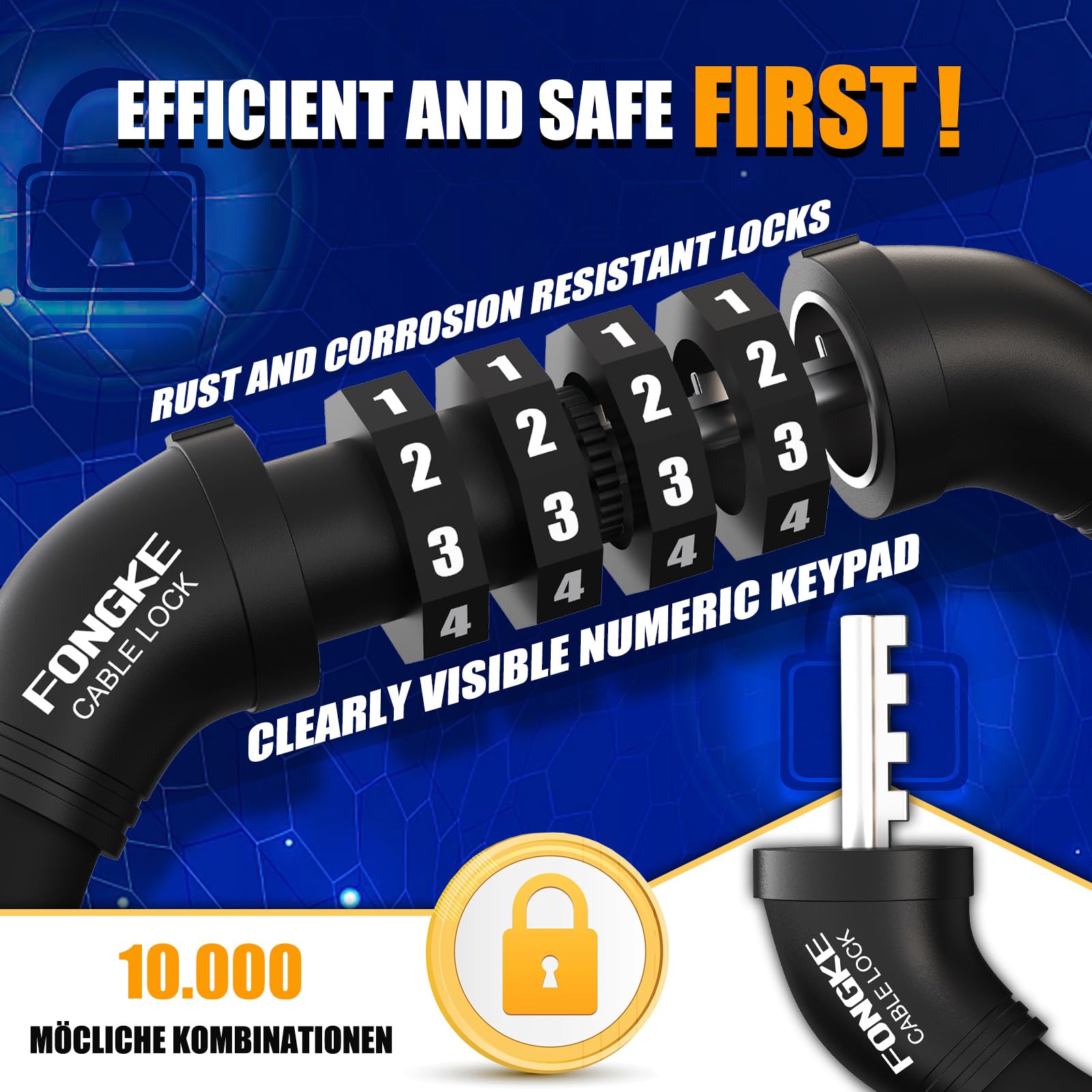 E-scooterslot, slot voor e-scooter met beugel, fietsslot met 4-cijferige cijfercode, dubbel cijferslot, 105cm/12mm kabelslot waterdicht, anti-diefstal e-scooterslot