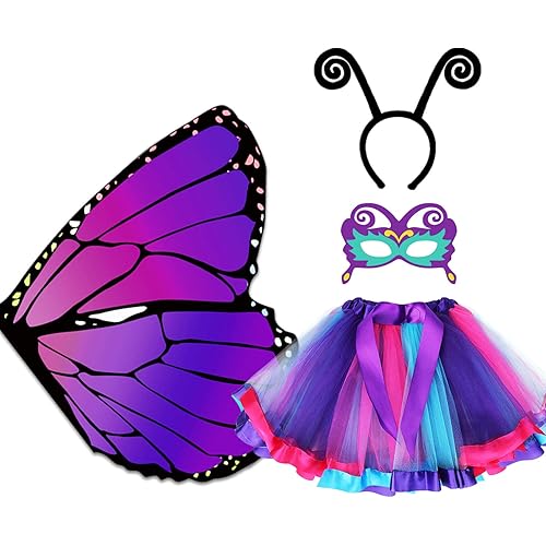 D.Q.Z Kids Fairy Butterfly Wings Costumes for Girls Dress Up Clothes 4Pcs Halloween Rainbow Tutu Butterfly Antenna