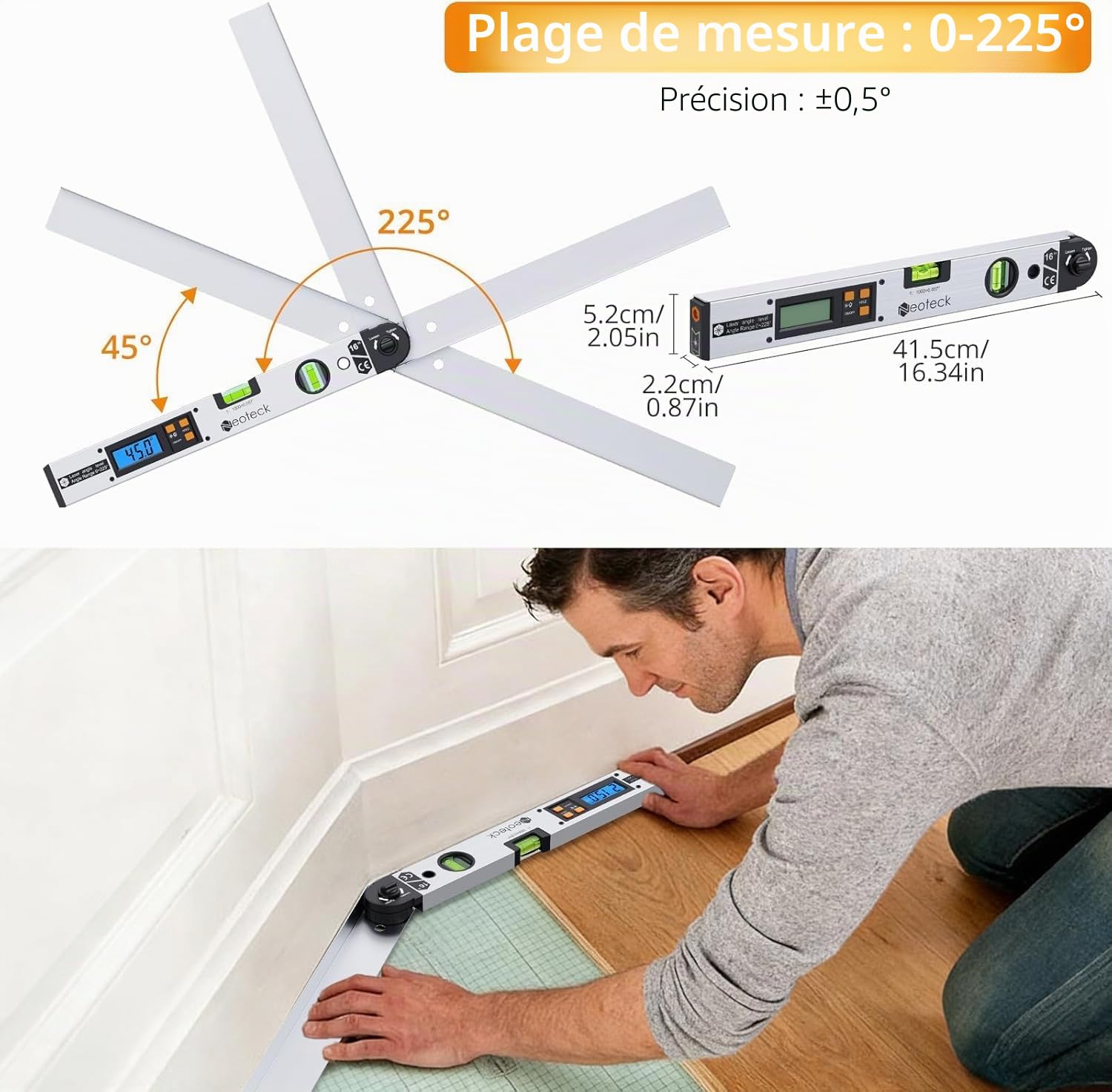 Neoteck Rapporteur d’Angle Laser 225° – Outil de Mesure d’Angle Numérique Précision ±0,5°, Règle d’Angle Aluminium avec Laser de Guidage, HOLD & Verrouillage, Bricolage, Menuiserie, Chantier - Argent