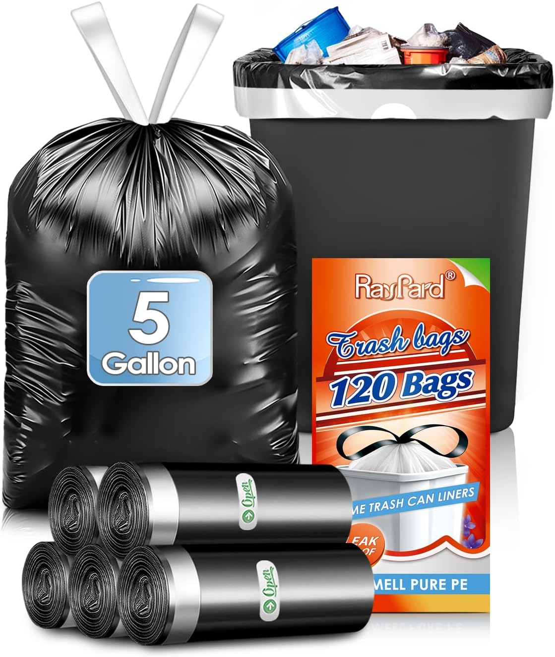 5 Gallon (fit 18-20L)120 Counts Strong Drawstring Trash Bags Garbage Bags by RayPard, Small Plastic Trash Bags Trash Can Liner for Home Office Kitchen Bathroom Bedroom, Black Waste Basket Liners