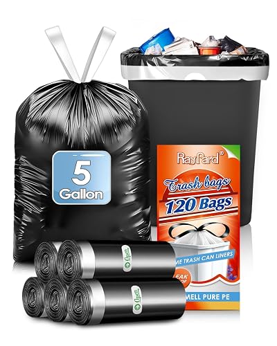 RayPard 5 Gallon (fit 18-20L)120 Counts Strong Drawstring Trash Bags, Small Plastic Garbage Bags Trash Can Liner for Home Office Kitchen Bathroom Bedroom, Black Waste Basket Liners - 120-5 Gallon-Black