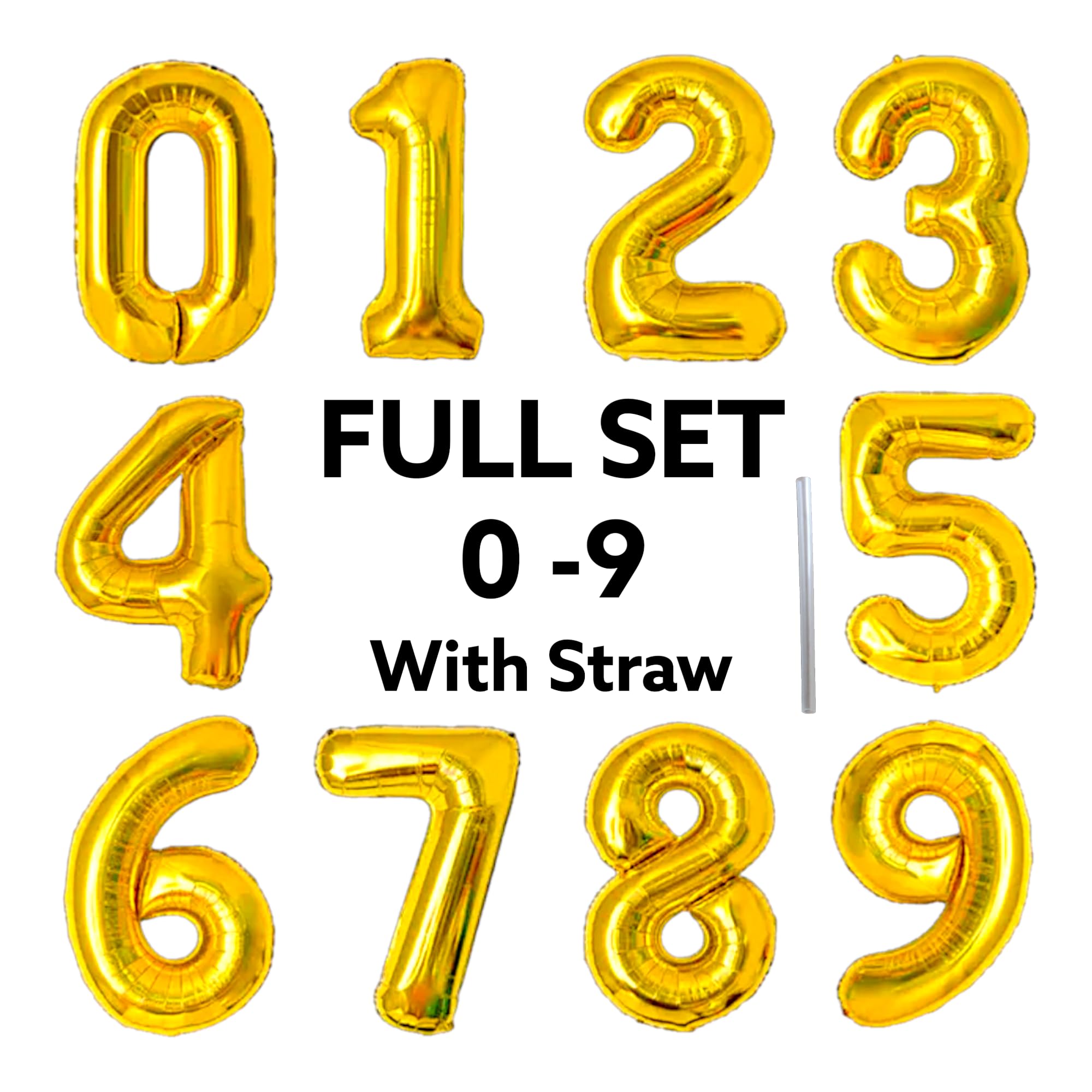 Full Set - 40 Inch Gold Number Balloons 0 1 2 3 4 5 6 7 8 9 With Straw Large Helium Quality Foil Balloons for Birthday, Milestone, Anniversary, Graduation, Party Decorations 0 to 9 Number