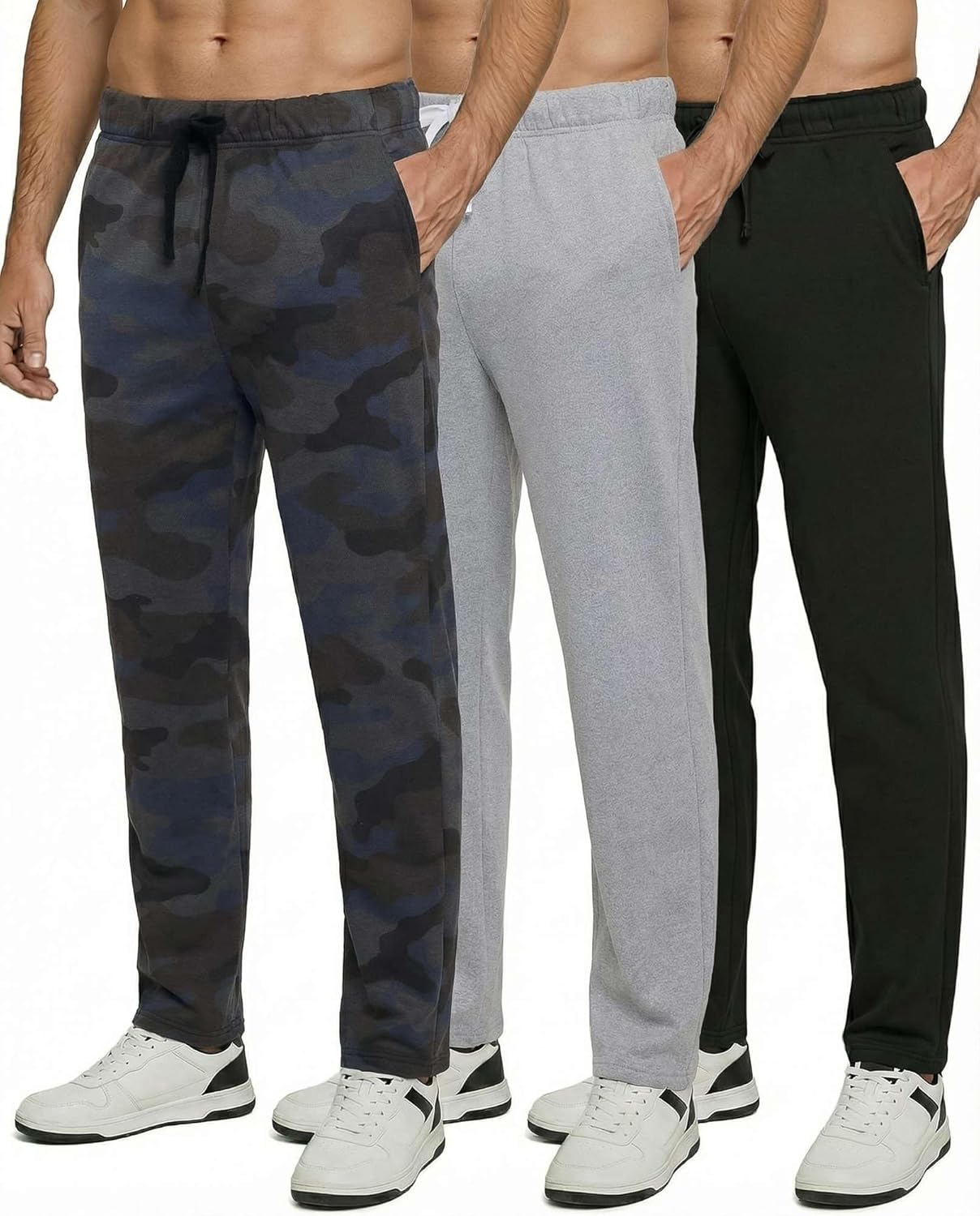 Real Essentials 3 Pack: Men's Tech Fleece Athletic Casual Open Bottom Sweatpants with Pockets (Available in Big & Tall)