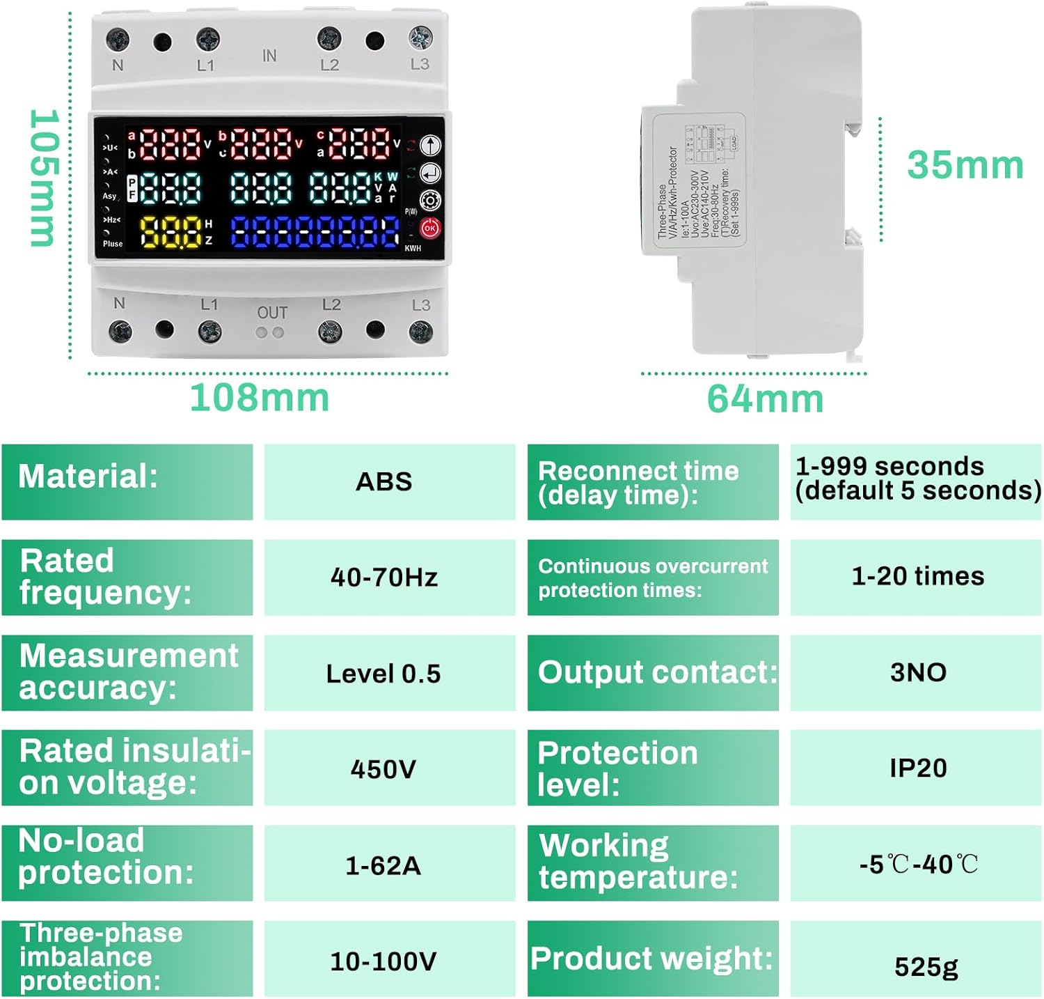 Tabella delle specifiche dettagliate e delle dimensioni del contatore elettrico trifase DewinLVD LSXDB030