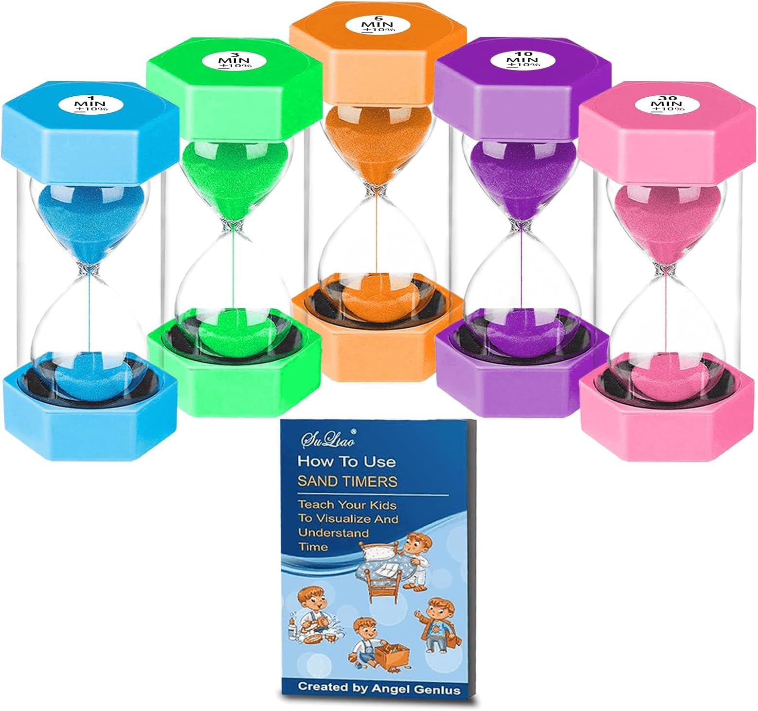 Hourglass Sand Timer for Kids, Sand Clock 1/3/5/10/30 Minutes Set, Reloj de Arena Niรฑos, Colorful Plastic Sand Watch Hour Glass Sandglass for Classroom, Games, Kitchen Decor(Pack of 5)